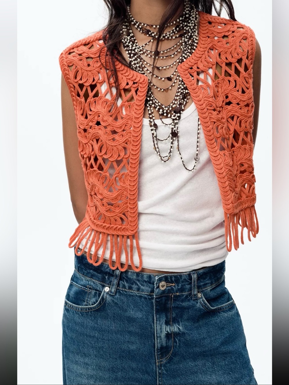 New ZARA Crochet Fringed Knit Vest